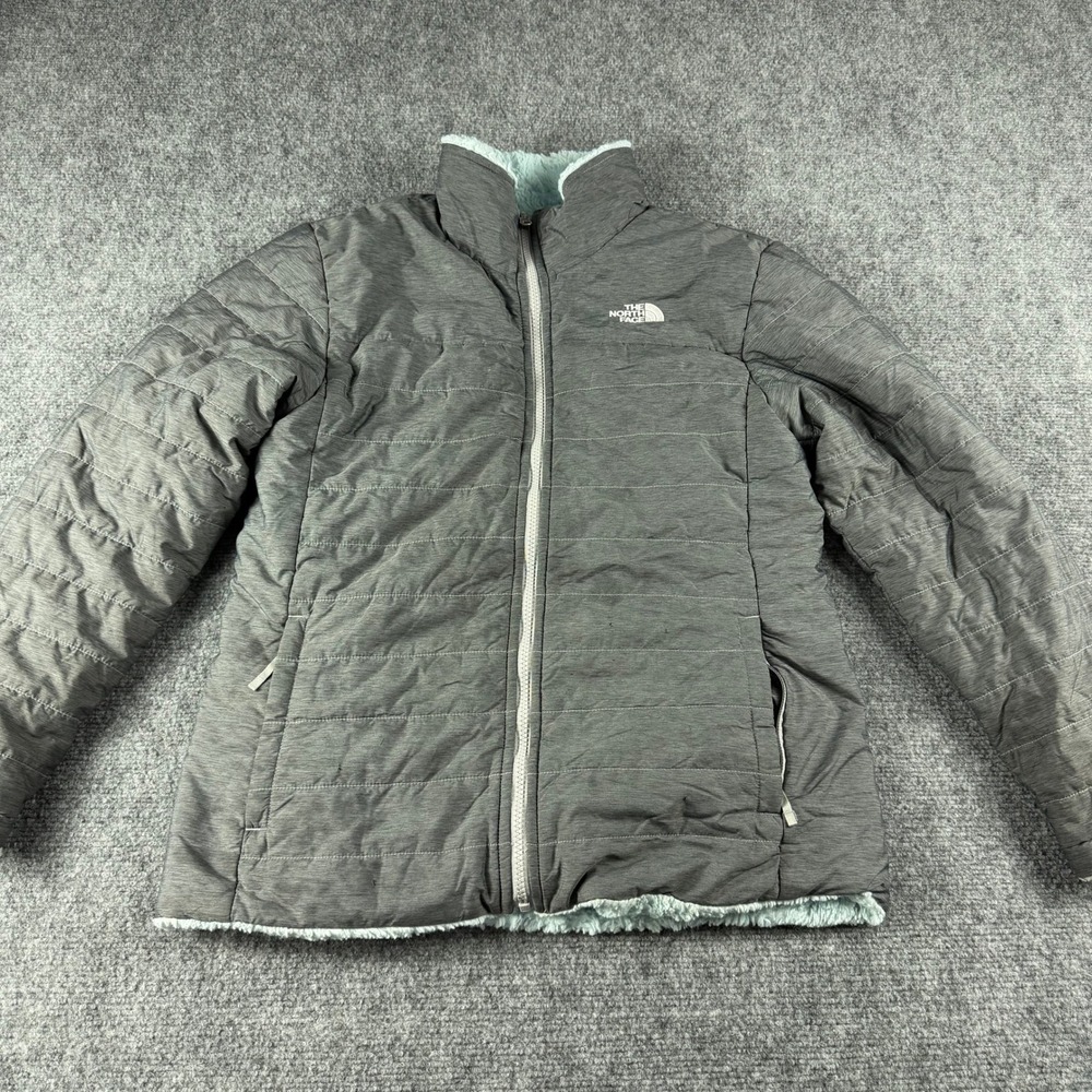 The North Face Reversible Mossbud Swirl‎ Jacket Girls XL Grey Blue Fleece Puffer